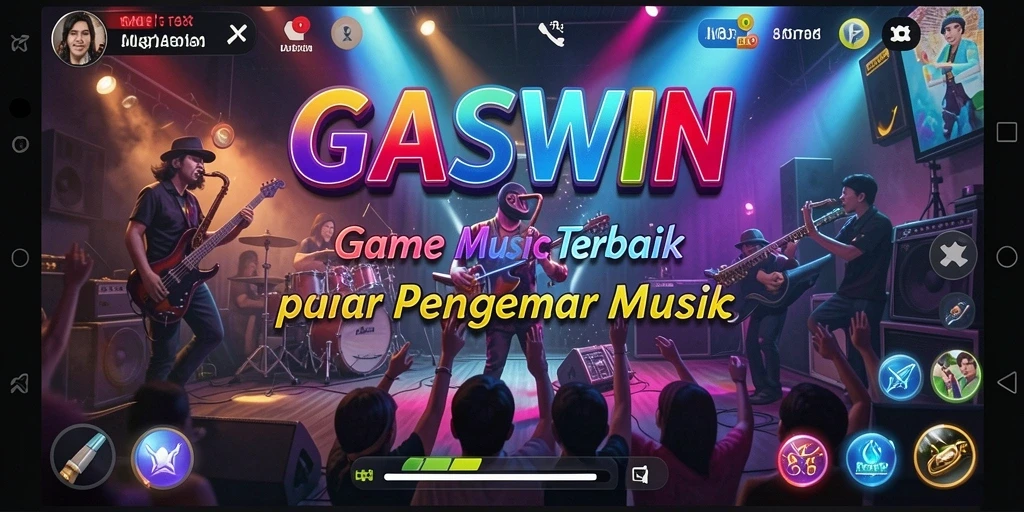 Screenshot utama GASWIN menampilkan gameplay menarik dengan berbagai lagu.