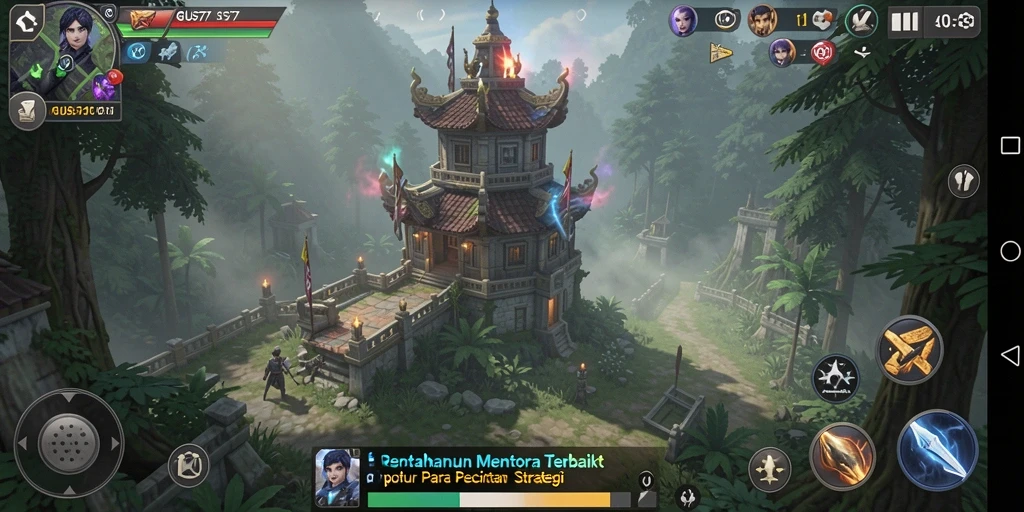 Screenshot GUS77 menampilkan gameplay Tower Defense yang intens.