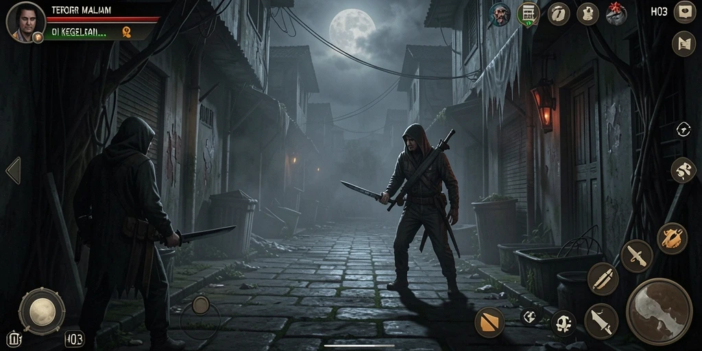 Screenshot gameplay H03 yang menampilkan suasana menyeramkan.