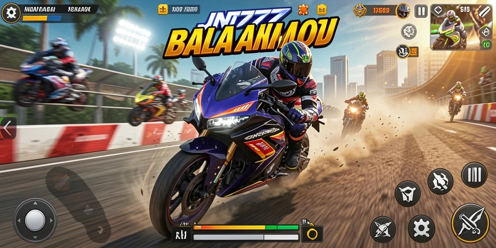 Screenshot utama JNT777 menampilkan aksi balapan motor yang menegangkan.