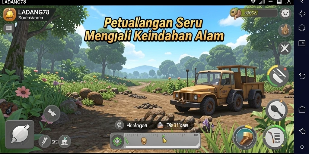 Screenshot utama LADANG78 menampilkan karakter menjelajahi hutan rimbun.