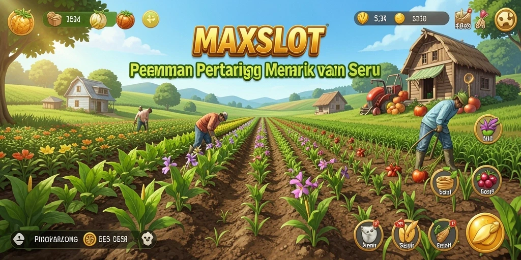 Tampilan gameplay <strong>MAXSLOT</strong> yang menunjukkan kebun penuh warna dan interaksi seru.